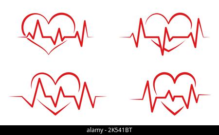 Herz rot Puls flach Icon Set. Kardiogrammisoliertes Vorzeichen für Herzschlag-Lebensdauer. Symbol für medizinische Versorgung. Piktogramm des Frequenzkardiographen. Kardiale Krankenhausversorgung. Rhythmus-grafisches Elektrokardiogramm Stock Vektor