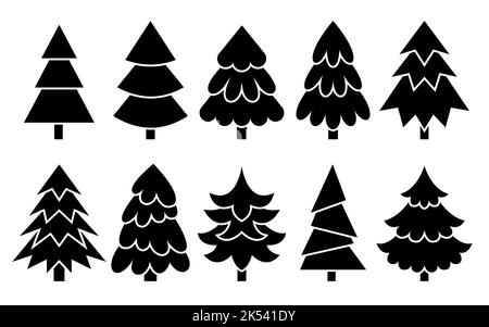 Weihnachtsbaum schwarz Glyphe Icon Set. Neujahr traditionelle Party Dekoration Zeichen. Frohe Weihnachten Silhouette Symbol. Winterurlaub Kiefernwald, Tanne, spruise flache Silhouette für Schablonenstempel Laserschneiden Stock Vektor