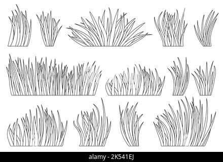 Gras natürliche organische Rasen Umriss Set. Malbuch Seite Sommer Kräuterwiese. Öko-Pflanze frischen separaten Busch. Verschiedene Form lineare Kräuterrasen. Grüne Blätter Linie Symbol. Rand mit Laublandschaft Stock Vektor