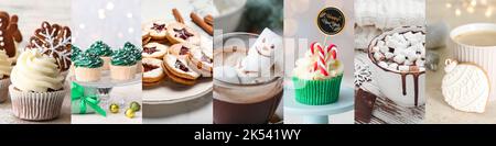 Sammlung von köstlichen Weihnachtsdesserts auf hellem Hintergrund Stockfoto
