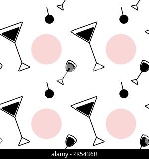 Abstraktes Endlosmuster aus einem schwarz-weißen Set von Vektor-Icons in Form von Weinläsern und farbigen Flecken in trendigen rosa Shads auf transparentem Hintergrund. Geeignet für Cafés, Bar-Restaurants. Stock Vektor