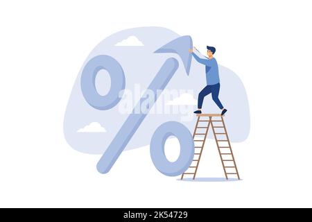 Zinssatz, Steuer- oder Mehrwertsteuererhöhung, Kredit- und Hypothekenzinsen-Aufwärtstrend, Investitionsgewinn oder Dividendenerhöhung nach oben Konzept, Geschäftsmann Banker, FED oder g Stock Vektor