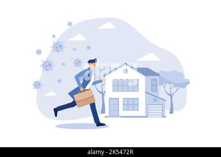 Soziale Distanzierung, zu Hause bleiben in COVID-19 Coronavirus Ausbruch, im Haus bleiben, um Virusinfektion zu verhindern, glücklicher Geschäftsmann bleiben ruhig laufen zu lo Stock Vektor