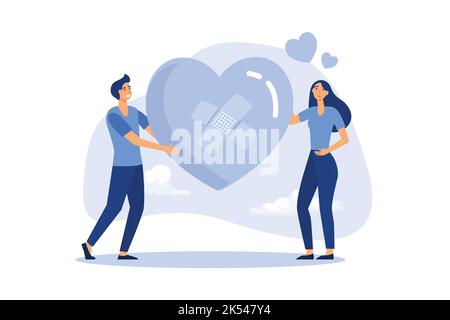 Vergebung für eine lange Beziehung, Zweisamkeit oder Liebesbeziehung Konzept, glücklicher Mann und Frau, Mann und Frau mit Verband auf gebrochenem Herzen sh Stock Vektor