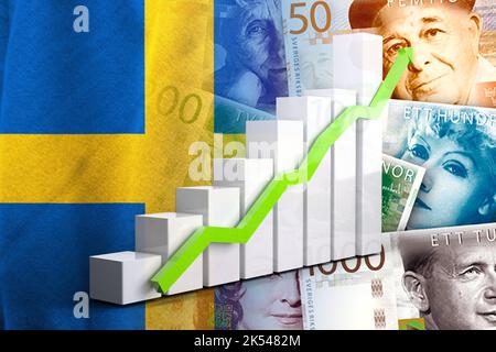 Wirtschaftsdiagramm: Aufwärtspfeil, Schwedische Flagge und schwedische Kronen-Geldscheine Stockfoto