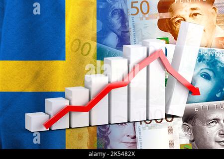 Wirtschaftsdiagramm - Abwärtspfeil, Schwedische Flagge und schwedische Kronen-Geldscheine Stockfoto