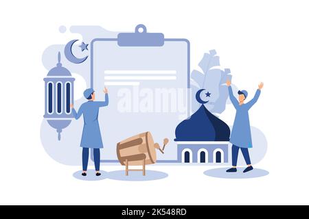 islamisches Design Illustration Konzept für Happy eid mubarak oder ramadan Gruß mit Menschen Charakter. Vorlage für Web-Landing-Page, Banner, presentati Stock Vektor