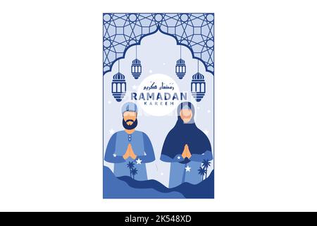 Schöne Hintergründe für Ramadan-Grüße mit ein paar muslimischen Charakter und Text von Marhaban ya ramadhan bedeutet willkommen zum ramadan-Monat Stock Vektor