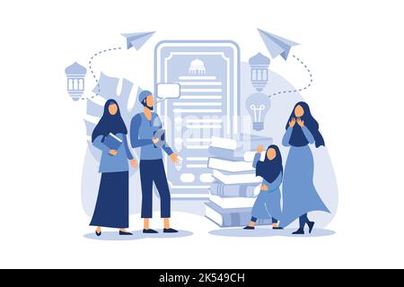 Flache Vektor-Cartoon-Illustration ramadhan Kareem. Besitzer stellt die Anwendung des Lesens Lernen E-Quran online, Frauen dankbar und beten. Hand h Stock Vektor