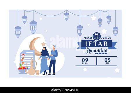 Blau flaches Design Iftar Party Feier Flyer Konzept Illustration. Süße Datteln, Fanous Lantern und arabischer Kaffeebecher. Islamischer Karmonat, Ramadan Ka Stock Vektor