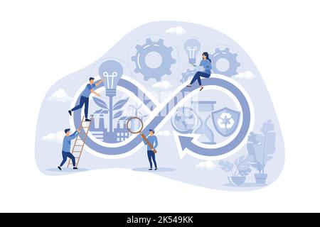 Kreislaufwirtschaft Produktionszyklus, nachhaltige Strategie Flat Person Konzept. Optimale Wiederverwendung der Ressourcen und reduziertes Abfallmanagement. Umgebung Stock Vektor