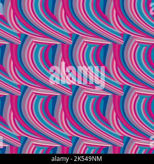 Abstraktes Nahtmuster mit violett-roten und blau geschwungenen Streifen. Vektorgrafik Hintergrund. CMMK-Farben Stock Vektor