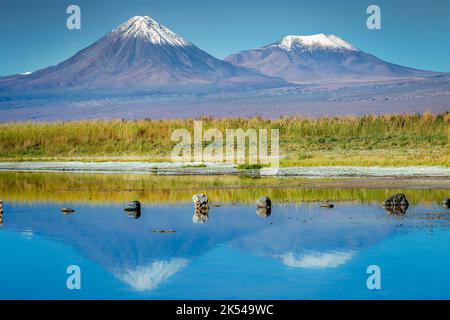 Licancabur Vulkanlandschaft und Spiegelung des Salzsees in der Atacama Wüste, Chile Stockfoto