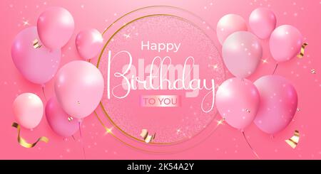 Happy Birthday Grußkarte Feier mit glänzenden Luftballons und fliegende Serpentin auf rosa Hintergrund Stock Vektor
