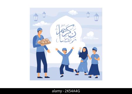 Iftar Essen nach dem Fasten Fest Party Konzept. Moslemisches Familienessen am Ramadan Kareem oder Eid mit Menschen-Charakter feiern. Stock Vektor