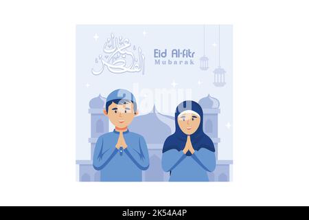 Muslimische Paarillustration für Eid Mubarak Grüße, Happy Eid Al-fitr Illustration für Banner oder Website Landing Page Stock Vektor