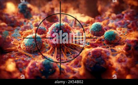 Eine Abbildung aus dem Jahr 3D, die Krebszellen im Fadenkreuz zeigt, die mit der Krebsbehandlung in Verbindung stehen. Stockfoto
