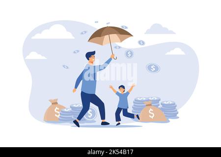 Glücklicher Mann und Junge stehen unter Geldregen. Münze, Regenschirm, Tasche flach Vektor-Illustration. Vermögen und Anlagekonzept für Banner, Website-Design oder Stock Vektor