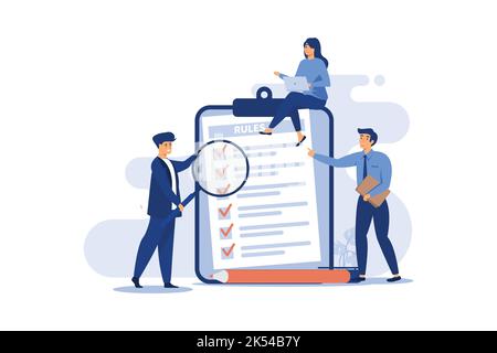 Geschäftsleute studieren Liste der Regeln, lesen Anleitung, so dass Checkliste. Vektorgrafik für Firmenauftrag, Einschränkungen, Gesetze, Vorschriften Konz Stock Vektor