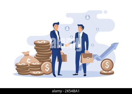 Zwei Geschäftspartner handshaking flache Vektor-Illustration. Cartoon Geschäftsleute Abschluss Vereinbarung für den Erfolg. Partnerschaft, Teamarbeit und Verhandlungsfähigkeit Stock Vektor