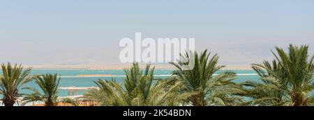 Blick auf das Tote Meer und Jordanien von einem Hotel in ein Bokek, Israel. Stockfoto