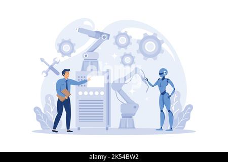 Konzept des Robotikschulkurses. Robotertechnik und Konstruktionunterricht für Studenten. Idee von künstlicher Intelligenz und futuristischer Technologie. F Stock Vektor