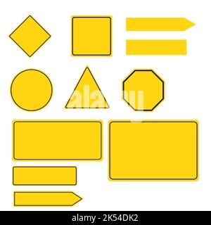 Sammlung von gelben Straßenschildern auf weißem Hintergrund. Set mit gelben Straßenschildern. Flacher Stil. Stockfoto