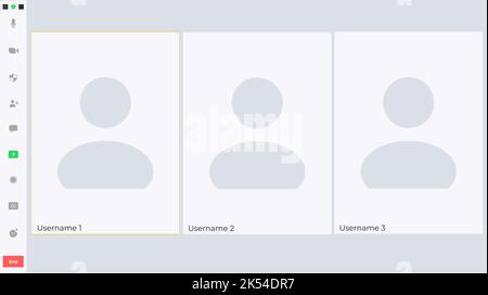 Videocall Interface Screen Vector Template, Web-Chat-ui. Videoanruf-Fenster von Online-Konferenzen oder Webinaren mit Schaltflächen und Benutzersymbolen, Computer oder Stock Vektor