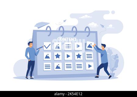 Glückliche SEO-Planungskampagne für Social Media isolierte flache Vektor-Illustration. Cartoon winzigen Figuren stehen in der Nähe Kalender mit Plan für Website c Stock Vektor
