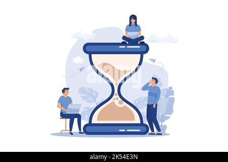 Kleine Menschen und riesige Sandglas flache Vektor-Illustration. Cartoon-Team arbeitet mit Laptops zusammen. Zeitmanagement und Geschäftskonzept. Flaches Design Stock Vektor