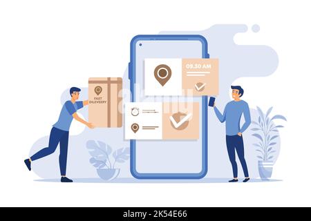 Tiny man bestellt Produkte online über das Smartphone. App, Telefon, flache Illustration bestellen. Schneller Lieferservice und Versandkonzept für Banner, Flat des Stock Vektor