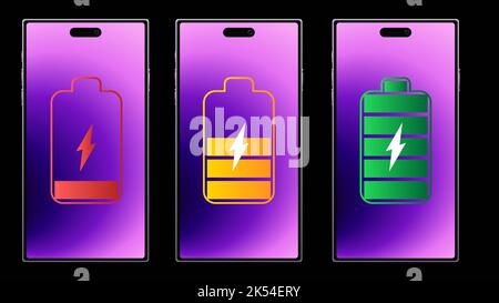Smartphone mit entladenem und vollständig aufgeladenem Akku. Set von Smartphones mit Akkuladestandsanzeige und mit USB-Anschluss. Symbol isoliert ein Stock Vektor