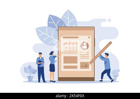 Elektronische Unterschrift, kleine Leute unterzeichnen ein Dokument, Financial Business Agreement. Webvertrag. Online-Dokument. Flaches Design moderne Illustration Stock Vektor