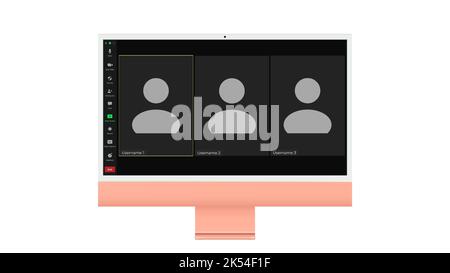 Benutzeroberfläche für Videokonferenzen, drei Benutzer. Overlay des Fensters „Videokonferenz-Anrufe“ auf dem Desktop, Elemente der Benutzeroberfläche des Videochats, Webinar, Online-Meeting Stock Vektor