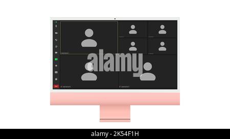 Benutzeroberfläche für Videokonferenzen, sieben Benutzer. Overlay des Fensters „Videokonferenz-Anrufe“ auf dem Desktop, Elemente der Benutzeroberfläche des Videochats, Webinar, Online-Meeting Stock Vektor
