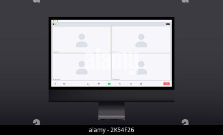 Videocall Interface Screen Vector Template, Web-Chat-ui. Videoanruf-Fenster von Online-Konferenzen oder Webinaren mit Schaltflächen und Benutzersymbolen, Computer oder Stock Vektor