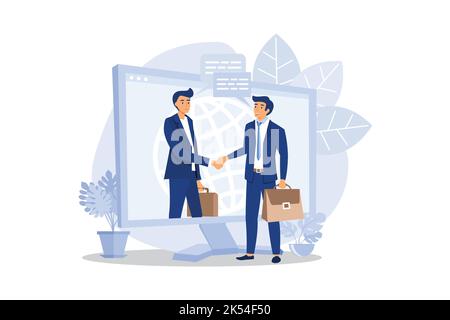 Online Abschluss der Transaktion. Die Eröffnung eines neuen Startups. Business-Handshake, per Telefon und Laptop. Flaches Design moderne Illustration Stock Vektor