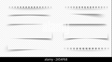 Schattenrahmen von Papier-, Notizbuch- und Notizbuchseiten. Ecken- und Linienschatteeffekte von Karten und Papierblättern mit abgerissenen Kanten, Vektor-realistische Einstellung isoliert auf transparentem Hintergrund Stock Vektor