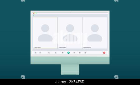 Benutzeroberfläche für Videokonferenzen, drei Benutzer. Overlay des Fensters „Videokonferenz-Anrufe“ auf dem Desktop, Elemente der Benutzeroberfläche des Videochats, Webinar, Online-Meeting Stock Vektor