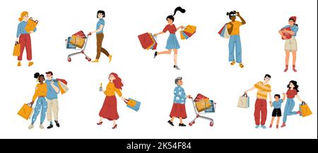 Menschen einkaufen Wohnung gesetzt isoliert auf weißem Hintergrund. Vektor-Illustration von jungen Männern, Frauen, Paar, ältere Dame, Familie mit Kind Tragetaschen mit Käufen, Geschenkboxen. Mall-Kunden, die Spaß haben Stock Vektor