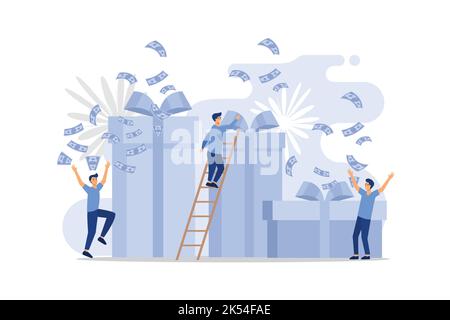 Glückliche Menschen, Mitarbeiter erhalten Geschenke, Online-Geschenke für gute Arbeit, Urlaub Unternehmen Auszeichnungen. Flaches Design moderne Illustration Stock Vektor
