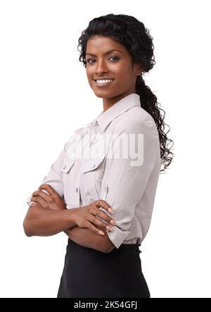 Eine starke Corporate Woman ist das, was ein Unternehmen braucht. Porträt einer selbstbewussten inderin, die vor der Kamera lächelt. Stockfoto