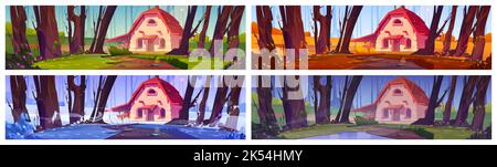 Steinbauernhof auf Waldlichtung in verschiedenen Jahreszeiten. Winter, Sommer, Frühling und Herbst Landschaft von tiefen Wäldern mit Försterhaus, Vektor-Cartoon-Illustrationen gesetzt Stock Vektor