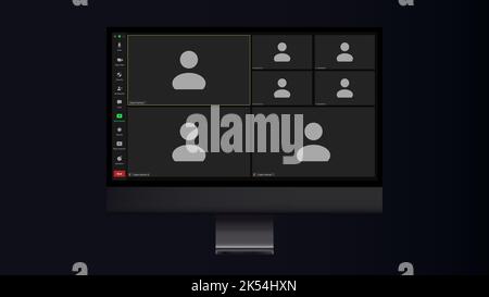Benutzeroberfläche der Videokonferenz. Schnittstellenvorlage für Videoanruf. Anwendung für soziale Kommunikation. Überlagerung des Fensters „Videokonferenzen“. Sieben Stock Vektor