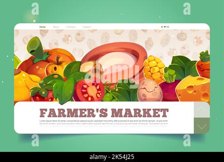 Farmer Market Cartoon Landing Page mit frischen natürlichen Lebensmitteln, Milchprodukten, Gemüse, Beeren und Eiern. Ökologische Landwirtschaft Produktionsmesse, Einladung, Förderung Vector Web Banner Design Stock Vektor