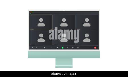 Benutzeroberfläche für Videokonferenzen, sechs Benutzer. Overlay des Fensters „Videokonferenz-Anrufe“ auf dem Desktop, Elemente der Benutzeroberfläche des Videochats, Webinar, Online-Meeting. Vektor Stock Vektor