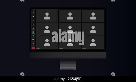 Videocall-Schnittstelle, Bildschirm für Videoanruf oder UI-Vorlage für Konferenzchat, Vektor-Overlay. Videocall-Anzeige auf dem Computer des Telefons Video-App mit Stock Vektor