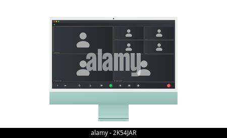 Benutzeroberfläche für Videokonferenzen, sieben Benutzer. Overlay des Fensters „Videokonferenz-Anrufe“ auf dem Desktop, Elemente der Benutzeroberfläche des Videochats, Webinar, Online-Meeting Stock Vektor