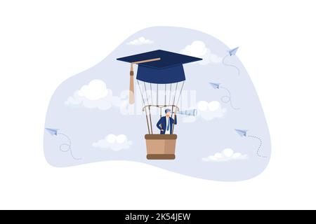 Bildung oder Wissen, um Wachstum Karriere Pfad, Geschäftsmann fliegen Graduierung Mörtel Hut Ballon sehen Zukunftsvision. Flaches Design moderne Illustration Stock Vektor