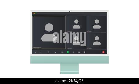 Benutzeroberfläche für Videokonferenzen, fünf Benutzer. Overlay des Fensters „Videokonferenz-Anrufe“ auf dem Desktop, Elemente der Benutzeroberfläche des Videochats, Webinar, Online-Meeting. Vektor Stock Vektor